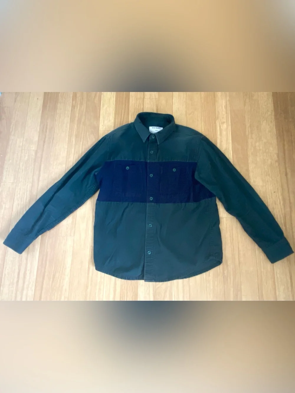 OLD NAVY Boys Green And Navy Blue Button-Up Corduroy Shirt Size L (10-12)